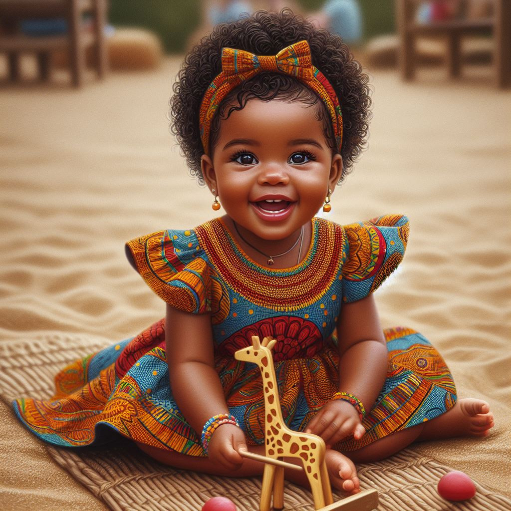 A 2-year-old girl of African descent dressed in a colorful Ankara-print dress with intricate patterns