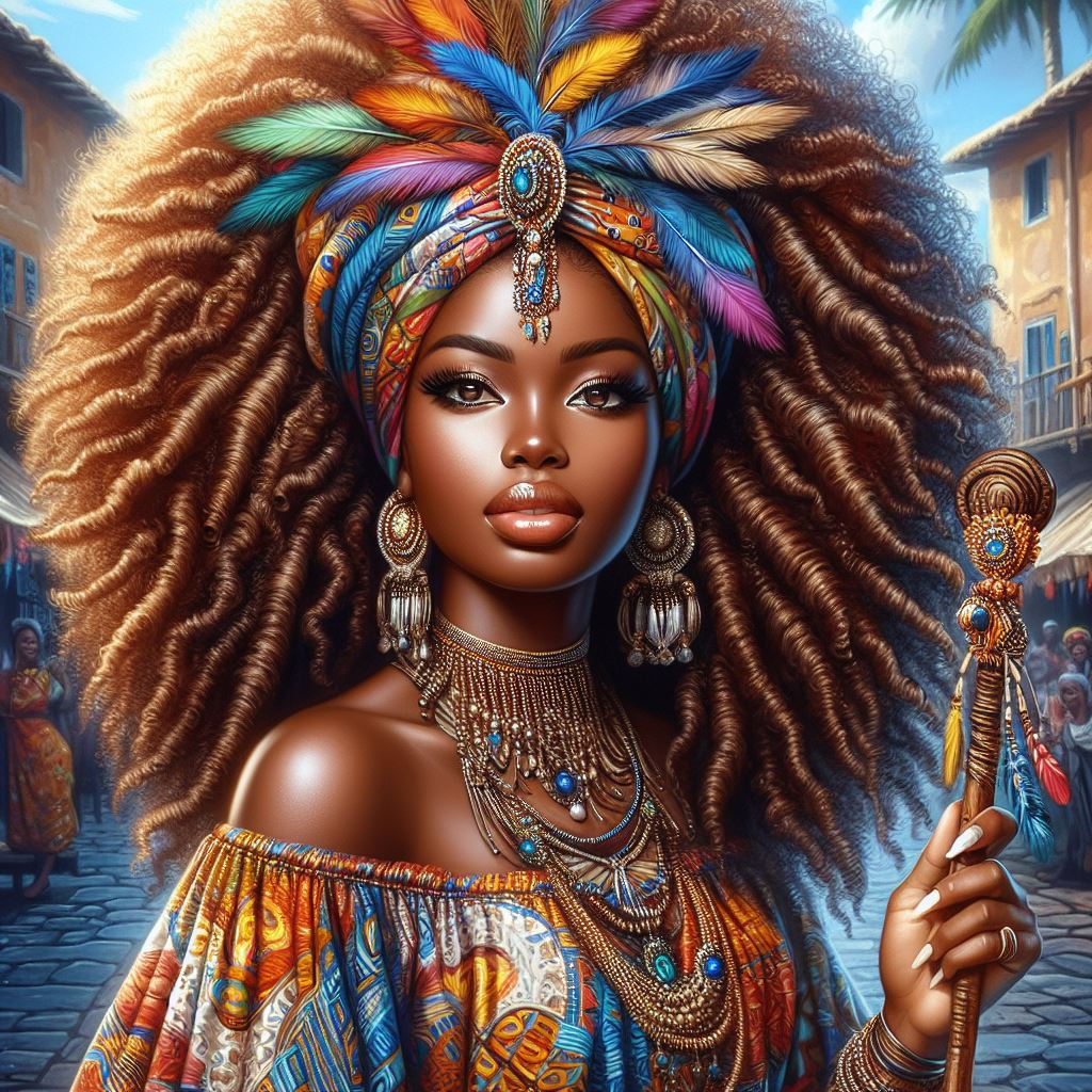 4K 300DPI airbrush painting of a caramel skin African American woman with long, voluminous, curly hair wearing a stunning, colorful headwrap adorned with feathers and jewels