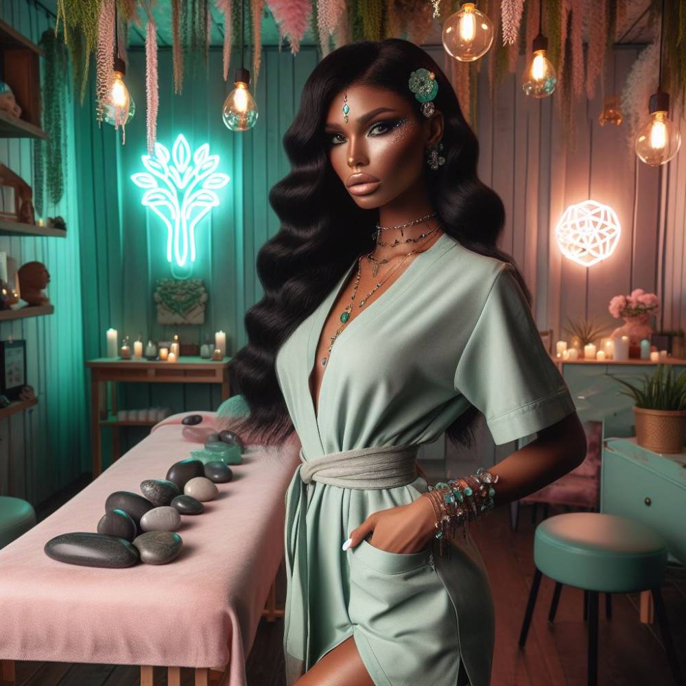 A woman with ebony hair, impeccably applied makeup, adorned with healing crystals,  adorned in mint and soft pink hues.