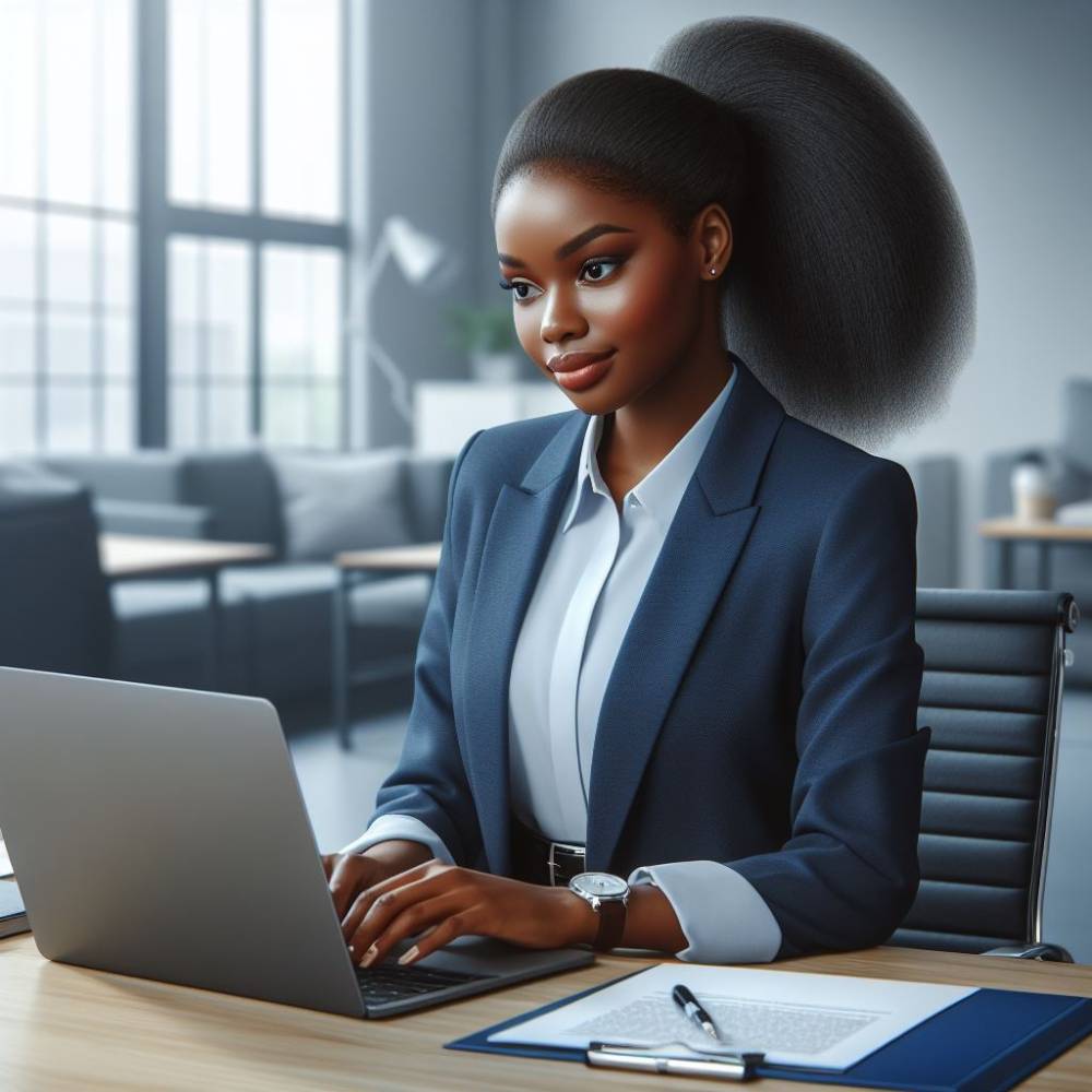 Realistic image of a black african office lady operating a laptop computer in her office.