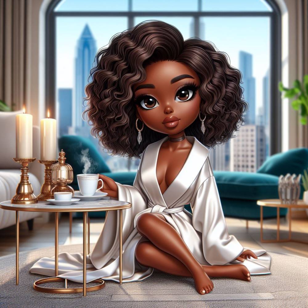 Prompt and  Image of  A beautiful African-American woman chibi style siting in her luxery apartment in a white silk robe, having coffee