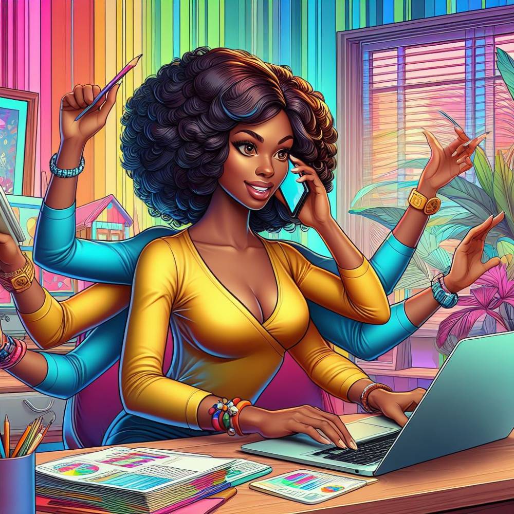 An ultra-realistic cartoon character of a dynamic African American female entrepreneur at the heart of her home office