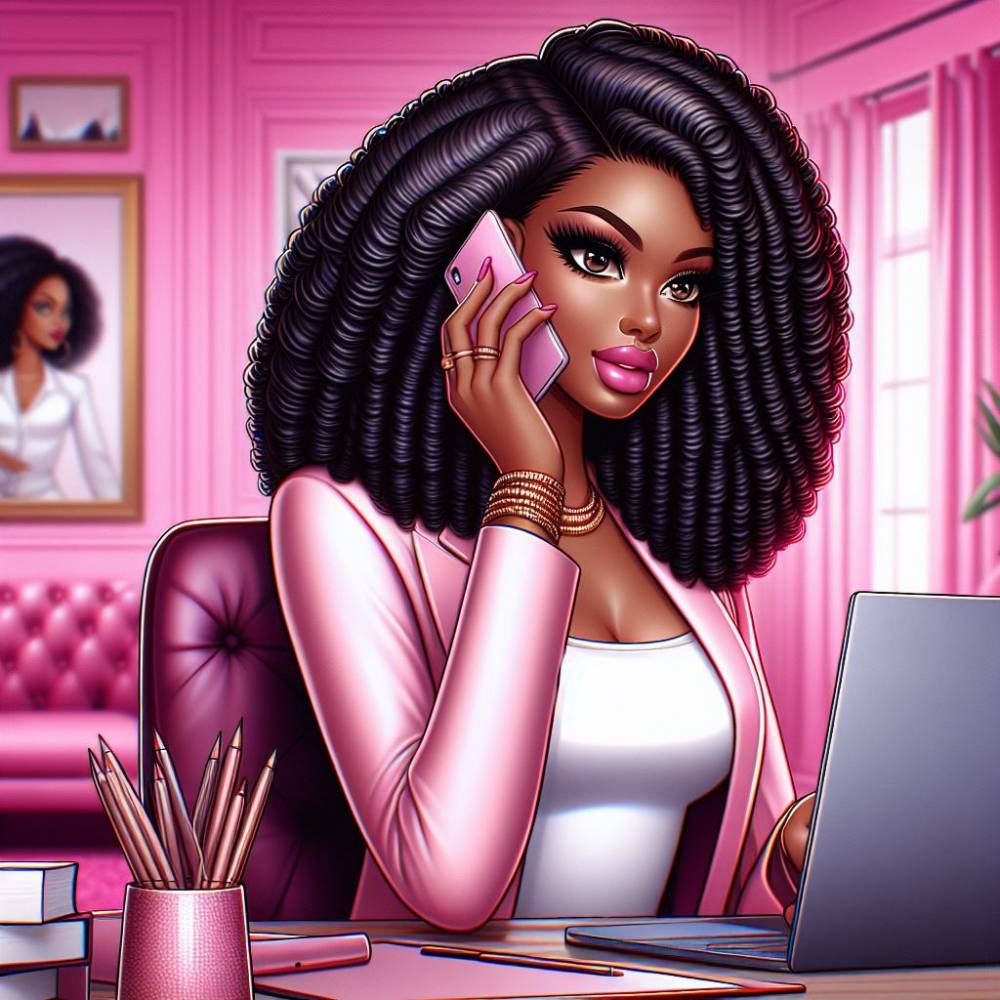A stunning ultra-realistic cartoon character portraying a dynamic African American female entrepreneur flourishing in her pink-themed home office.