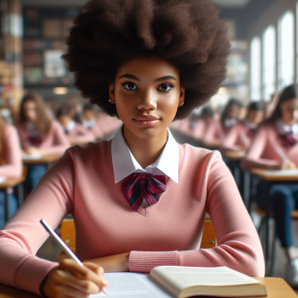 An ultra realistic hd image of female african american   high school students taking examination in a school.