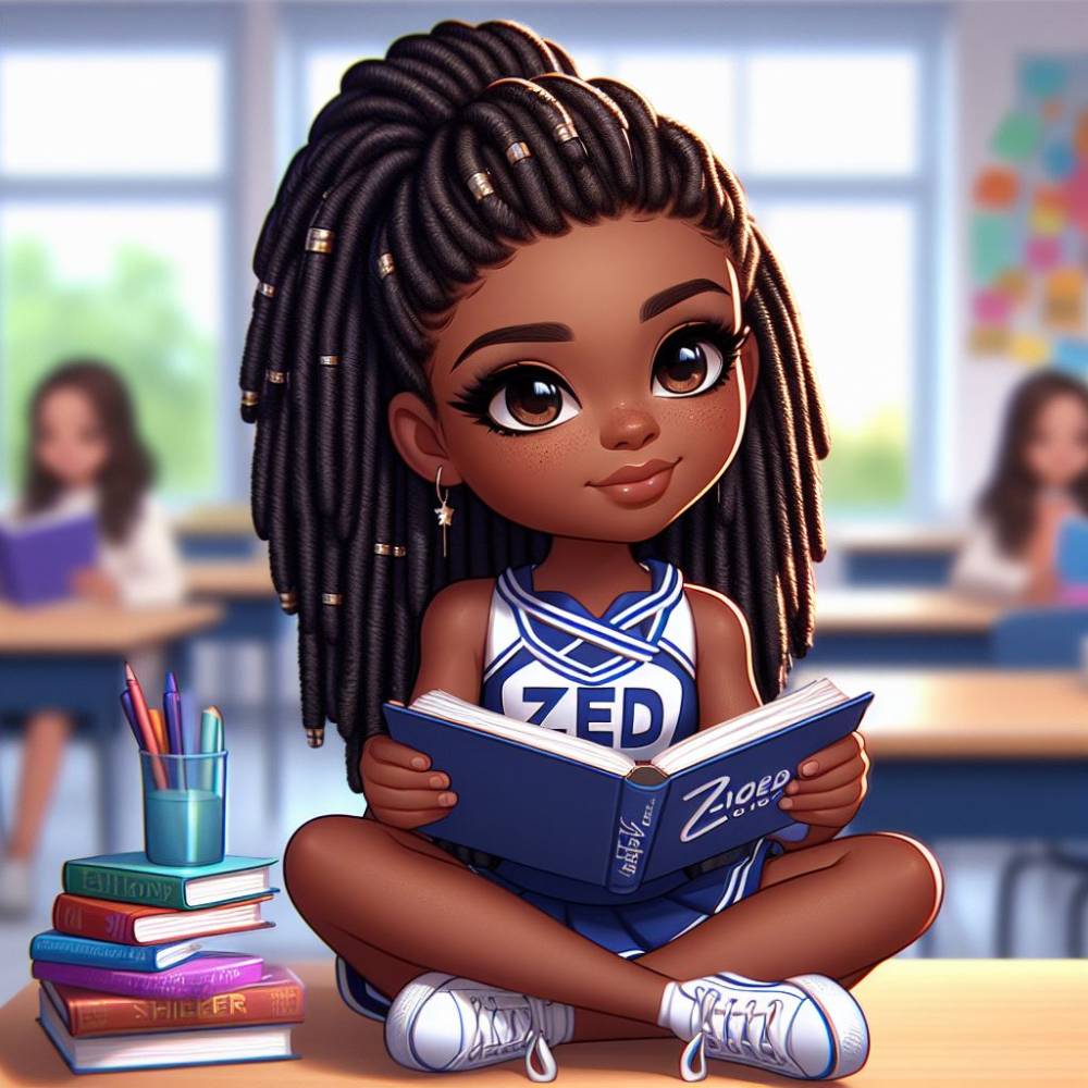 African American girl; realistic chibi cartoon with a blue and white cheer uniform