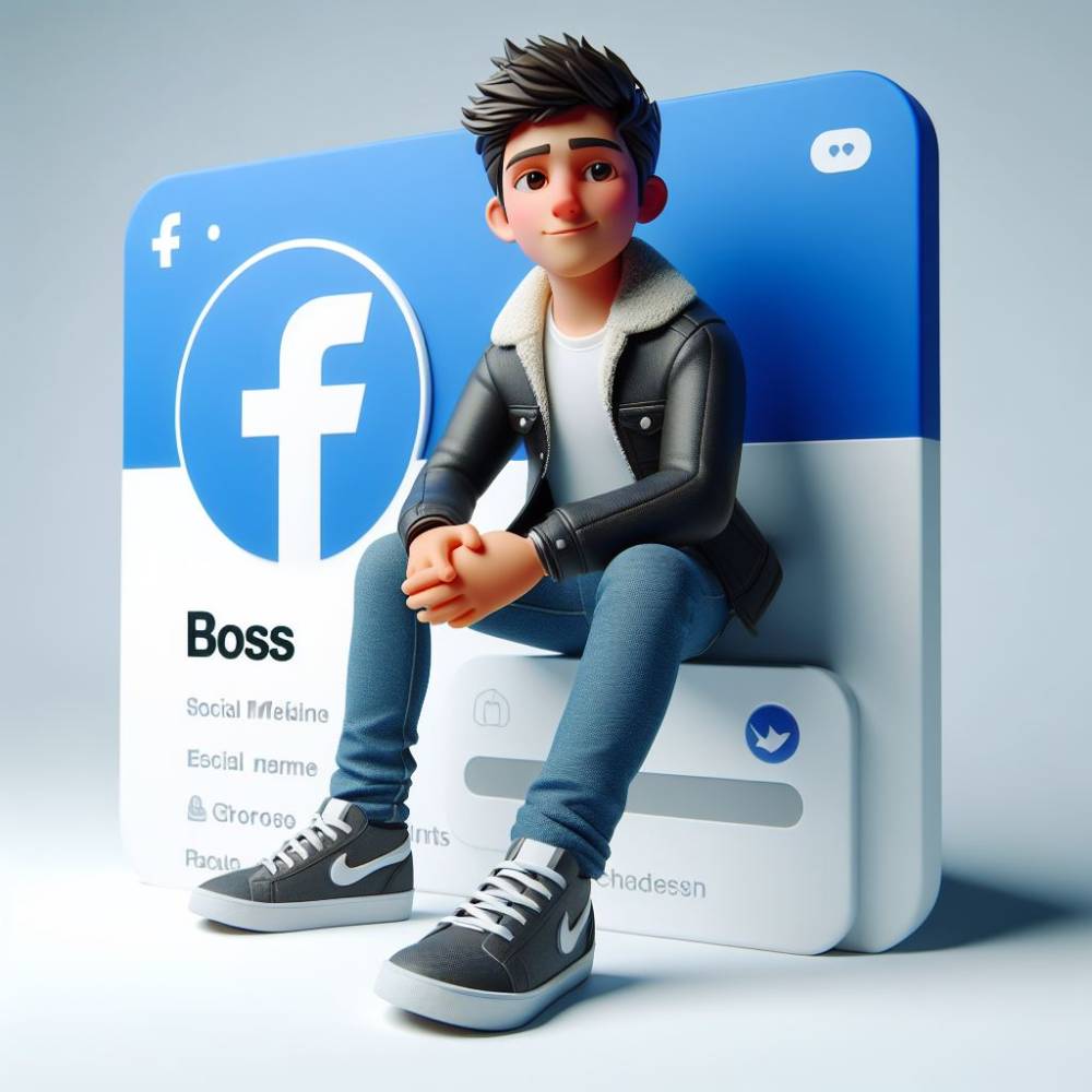 Ai prompt for An animated character sitting casually on top of a social media logo “facebook”