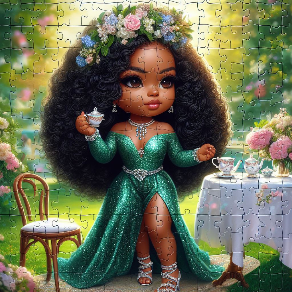 A captivating hyper-realistic oil painting puzzle featuring a charming chibi African American woman with long black curly hair adorned with a flower crown