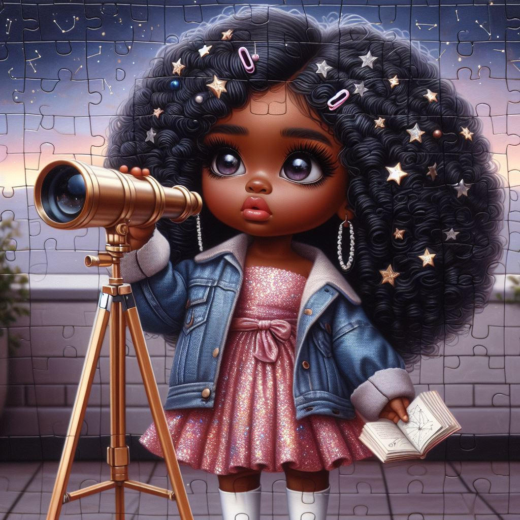 A charming hyper-realistic oil painting puzzle featuring a curious chibi African American woman with long, black curly hair peering through a telescope at the night sky