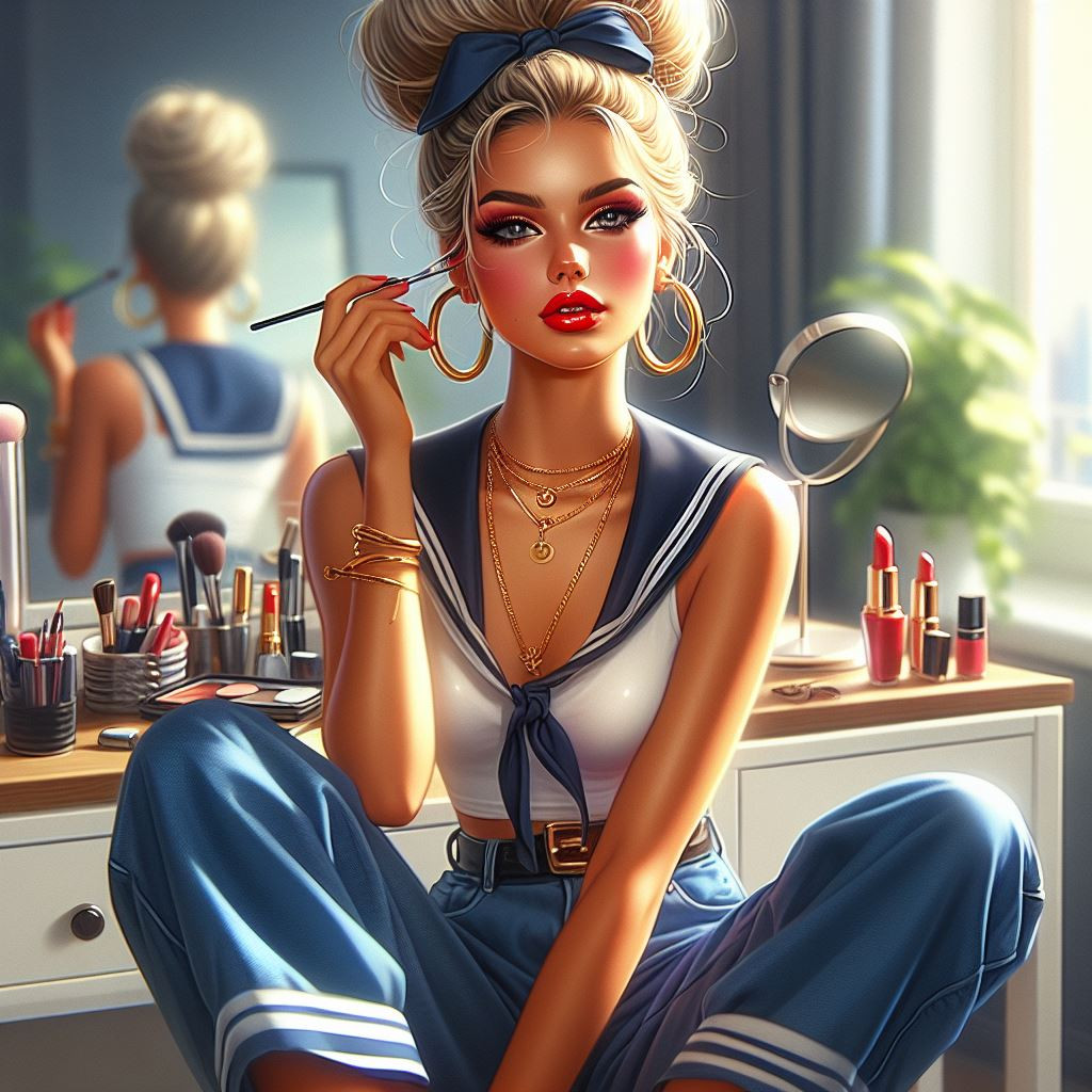 A glossy airbrush oil painting of a latina female character, blond ,bun hair sailor pants preparing  for work.