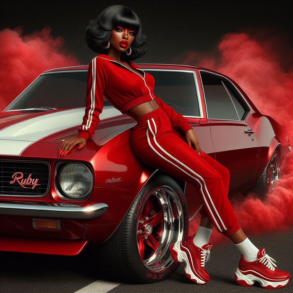 A hyper-realistic image of an African American woman with a sleek bob hairstyle and bold red lipstick rocking a fire engine red tracksuit with white stripes