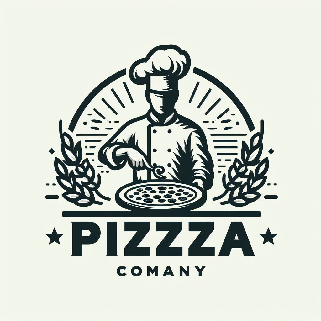 A logo for a pizza company with an artistic illustration of a chef preparing a pizza..