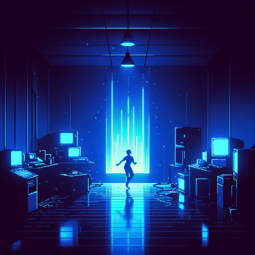 A lone figure dances in a room bathed in the blue glow of a computer monitor