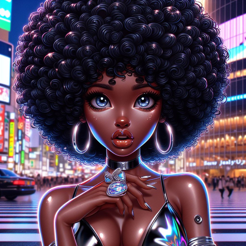 A stunning cartoon-realism artwork of a Black woman with voluminous afro hair, silver shoes and a curious expression,