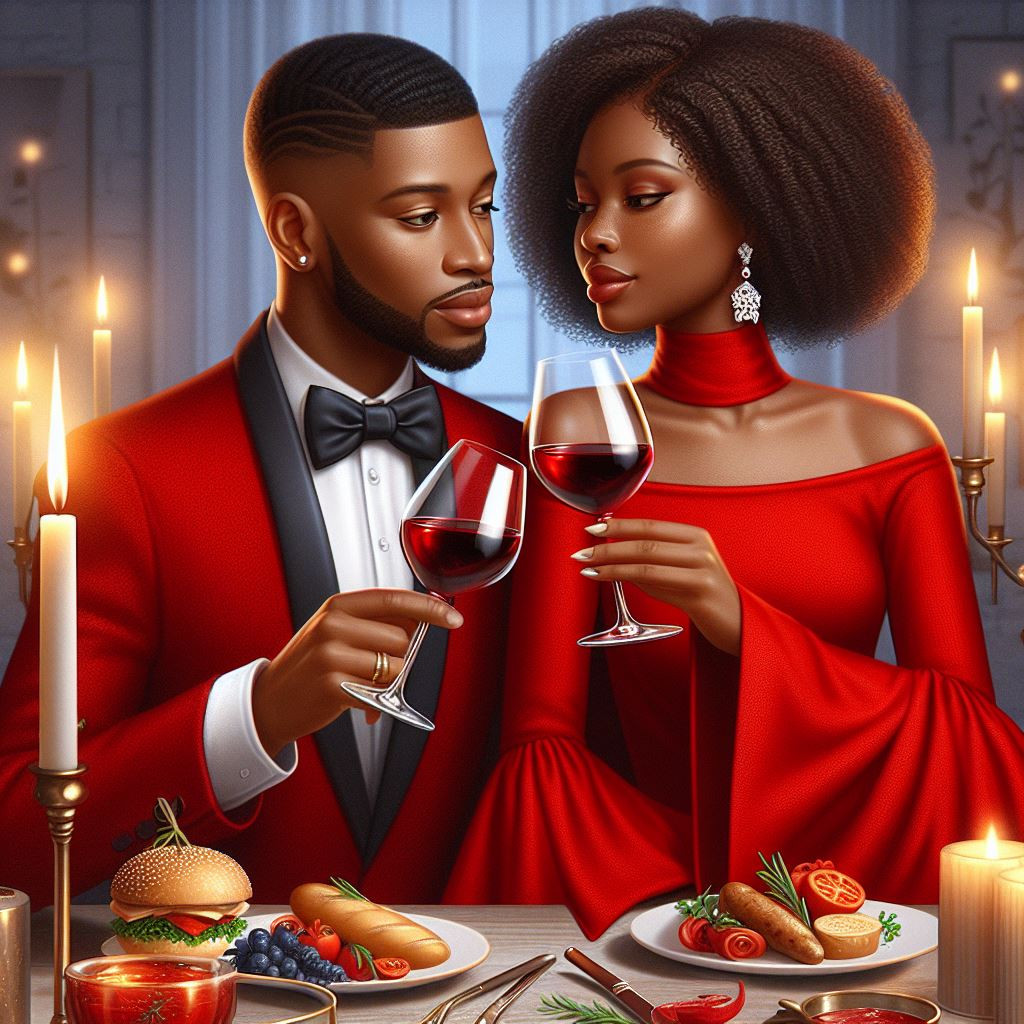 A valentine  image of an african american female partner sharing a toast of red wine