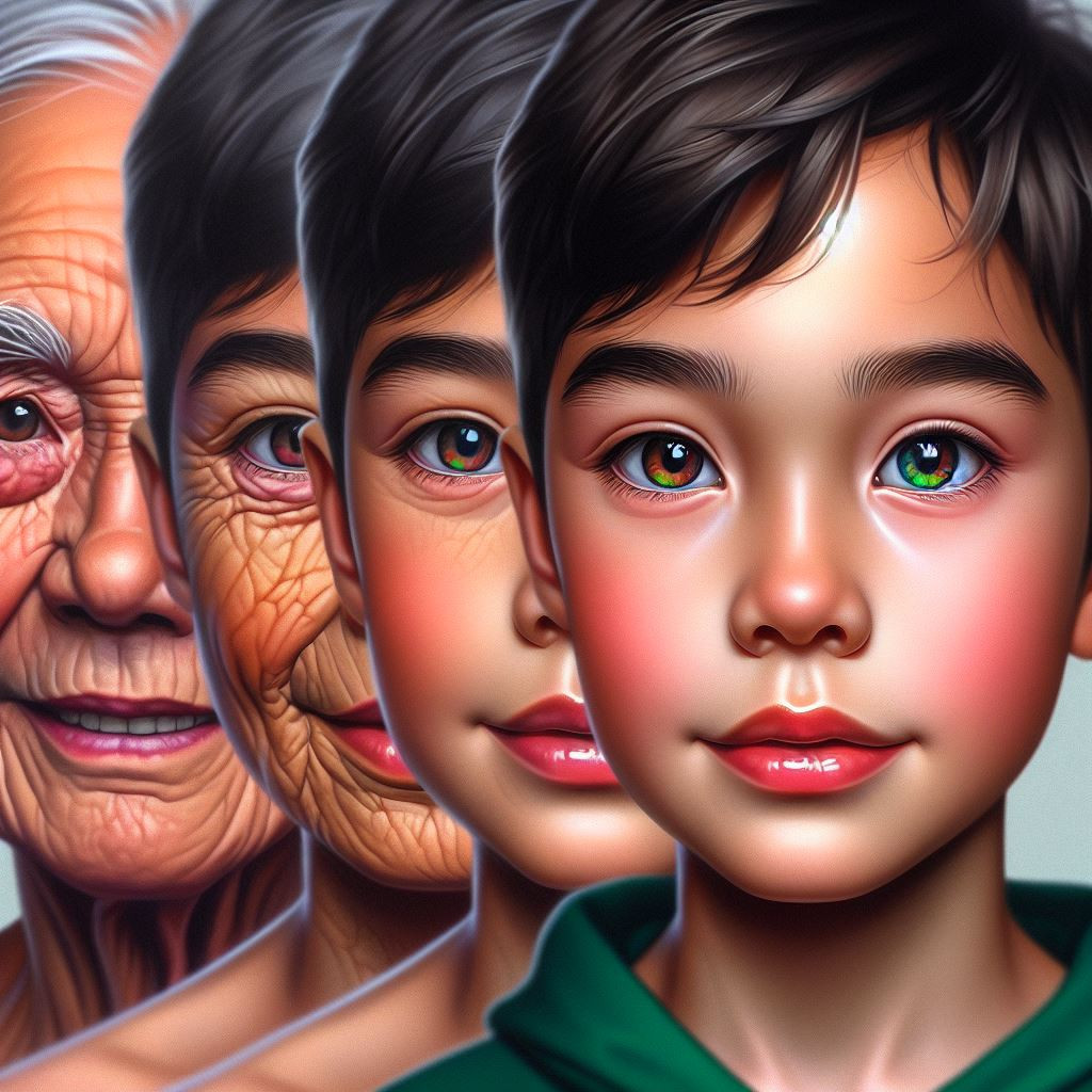 A painting of a a kid showcasing his ageing morphs at different 3 stages of his life as he ages.