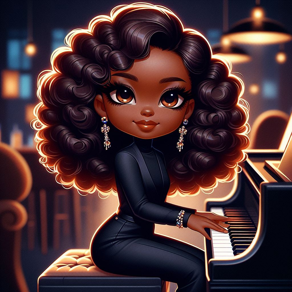 A vibrant African girl with a warm smile, rich mahogany skin Seated at a grand piano in a dimly lit jazz club