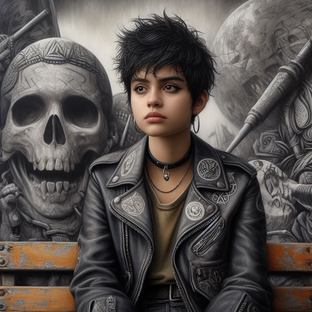 A young Latina with spiky black hair and a leather jacket emblazoned with a skull emblem sits on a rusty bench