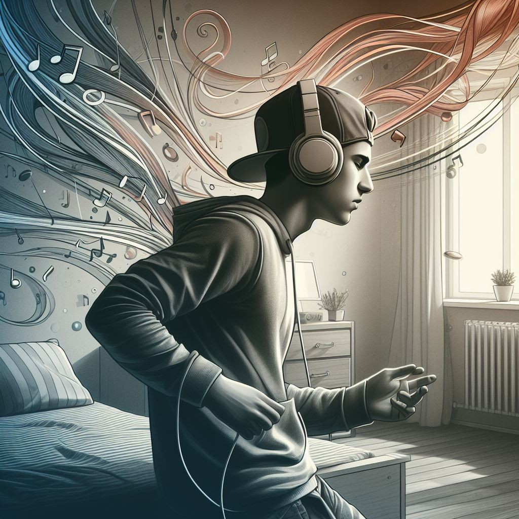 A young man in a backwards baseball cap and oversized headphones dances alone in his bedroom