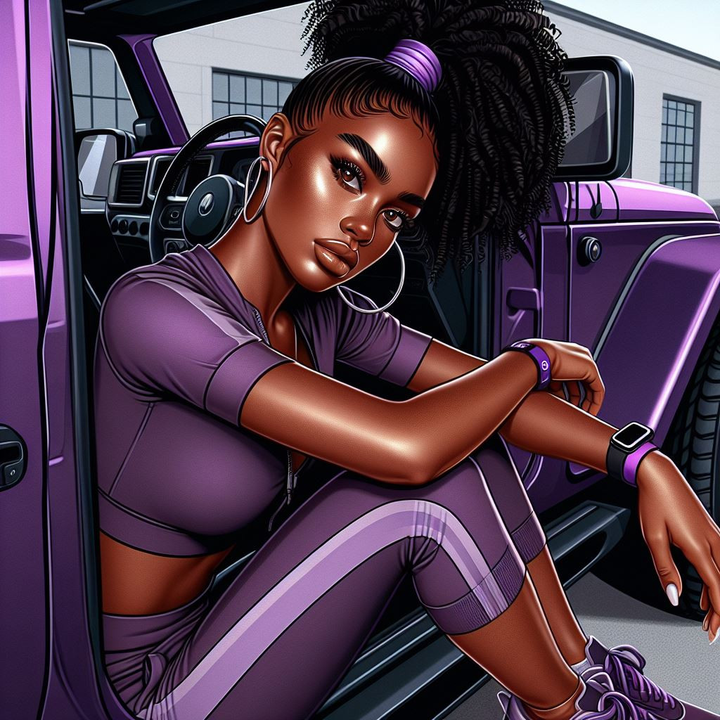 African American girl wearing a purple tracksuit and comfy sneakers  in the front seat of a purple coloured jeep