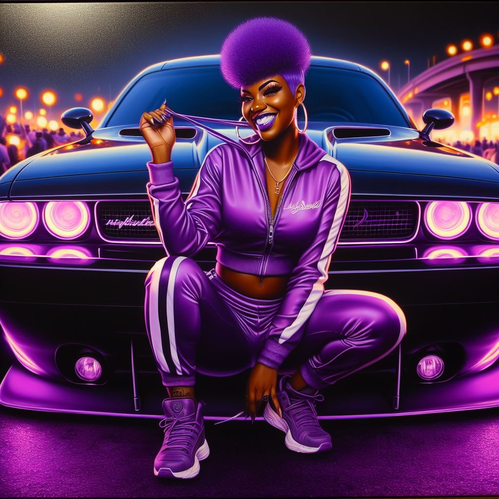 African American woman with a vibrant purple pixie cut and a mischievous grin Wearing a matching purple tracksuit with white stripes