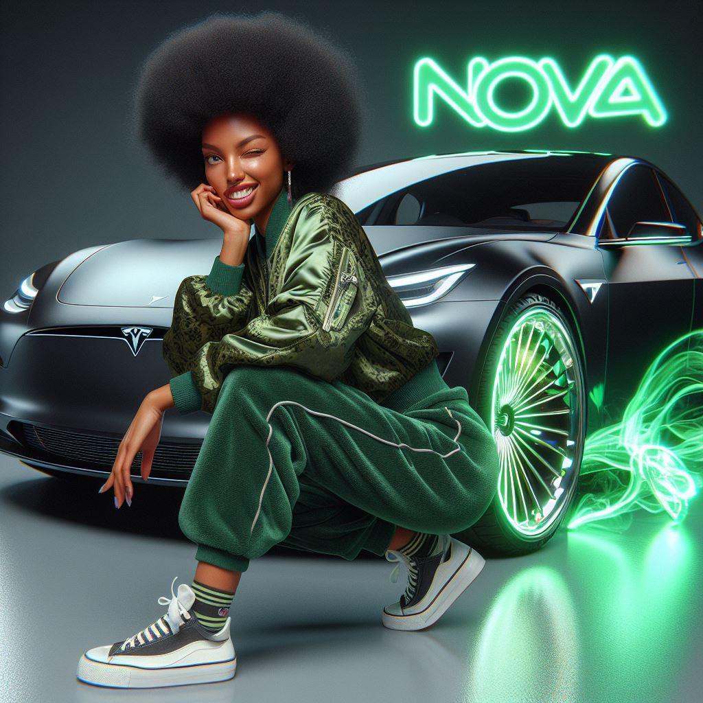 African American woman with afro puffs and a playful wink decked out in comfy oversized green joggers and a matching bomber jacket
