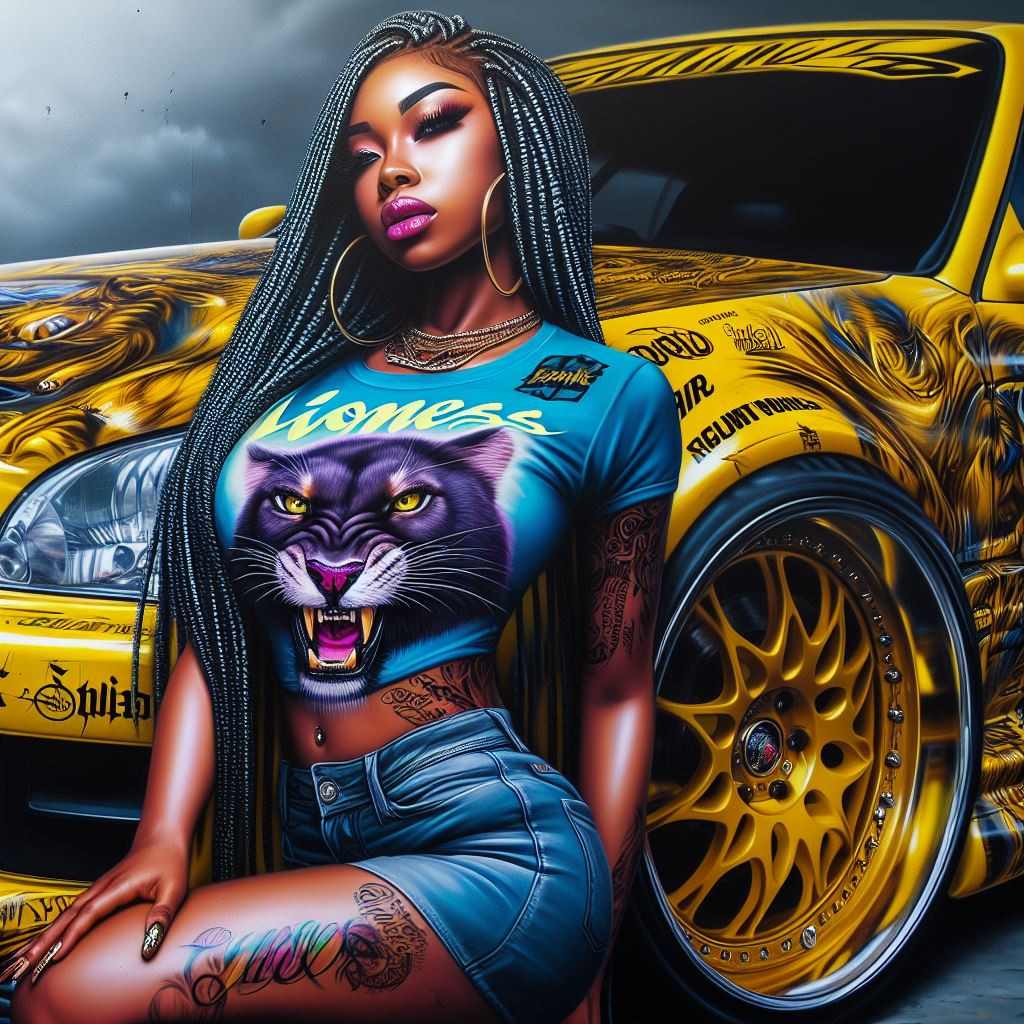 African American woman with meticulously styled braids and a fierce expression sporting a custom airbrushed t-shirt featuring a fierce panther