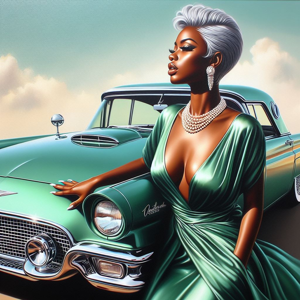 African American woman with short silver hair and elegant pearl earrings  dressed in a flowing, emerald green silk dress that complements her car