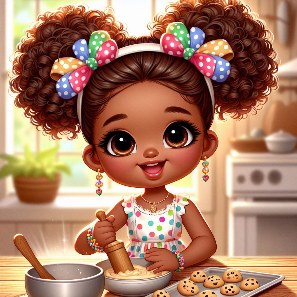 African girl with expressive eyes, rosy cheeks Seated at a wooden table in a sunlit kitchen baking a batch of cookies,