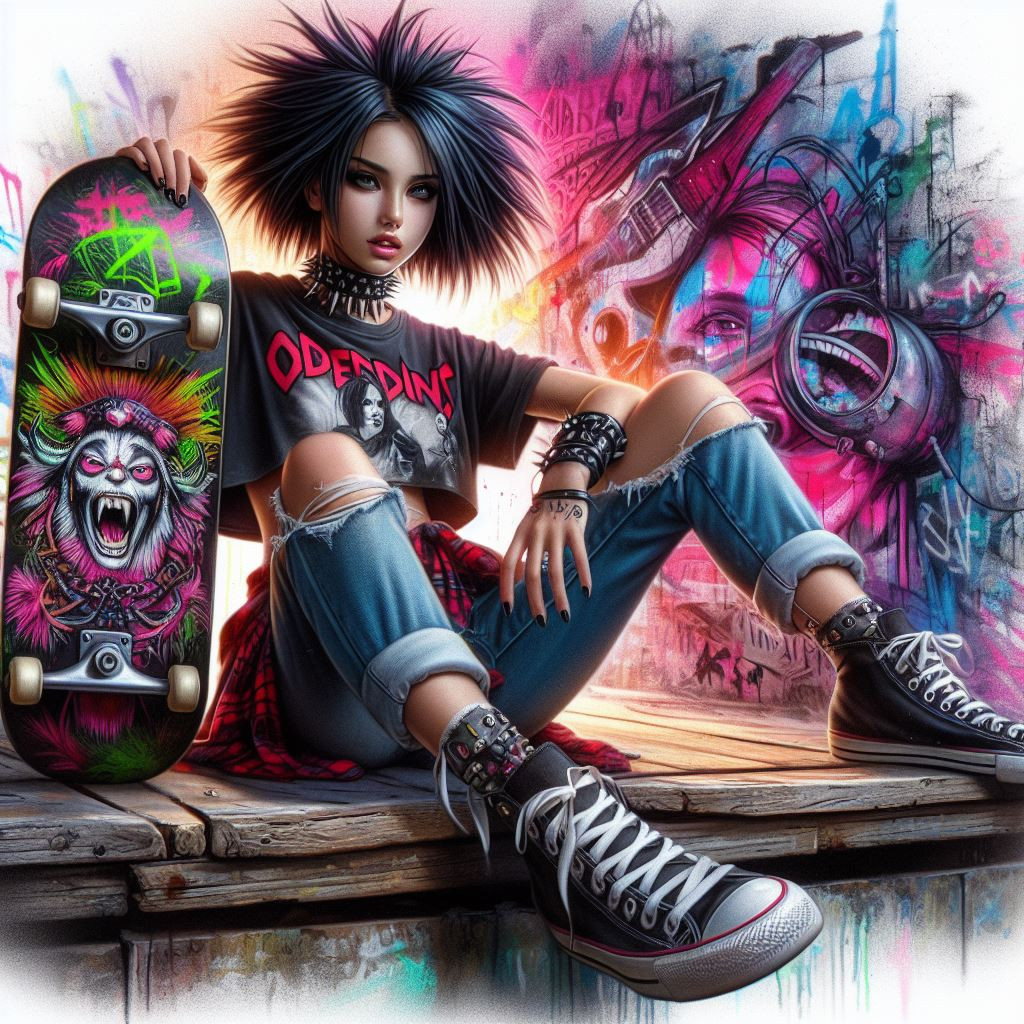 Airbrush illustration of a defiant young girl with jet black hair, ripped jeans, and a band tee, perched on a weathered skateboard ramp