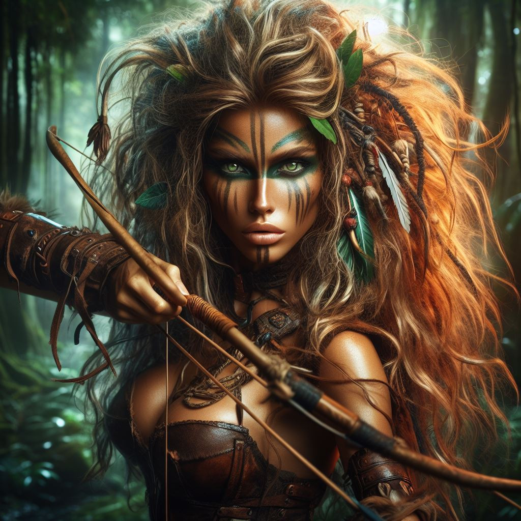 Amazonian Warrior Princess with  bronzed skin glistening with sweat