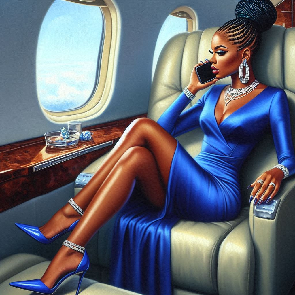 An oil painting of  African American woman answering  to a call from her phone as she comfortably sits in her private jet