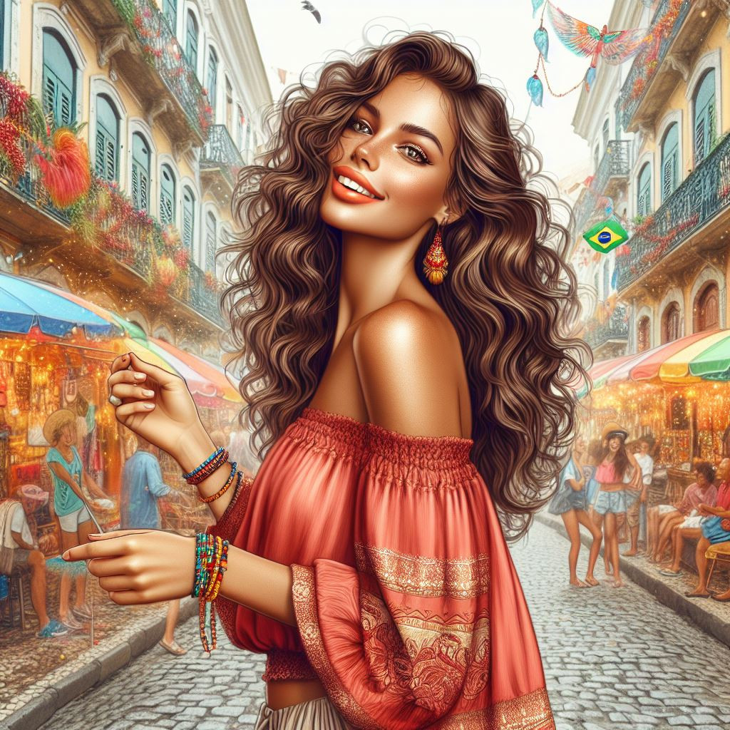 Brazilian woman, sun-kissed complexion, cascading caramel curls in a digital carnival-inspired artwork