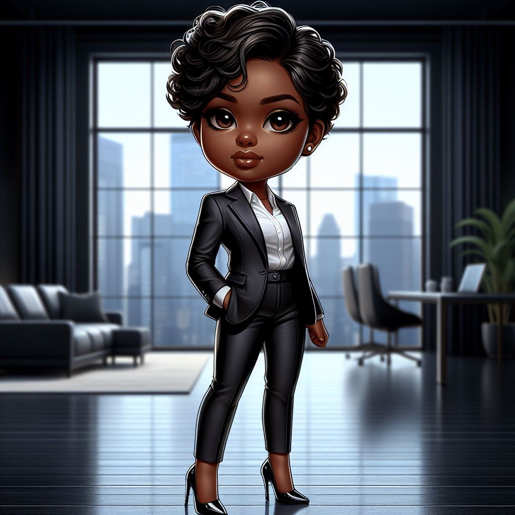 Chibi style oil painting of a confident African American businesswoman standing tall in a chic office setting
