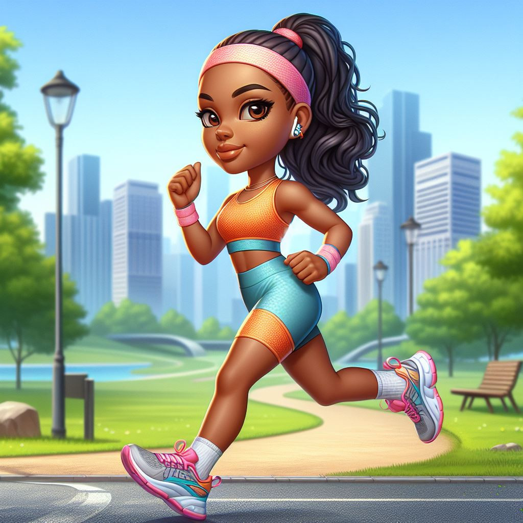Chibi style oil painting of an energetic African American woman jogging through a city park