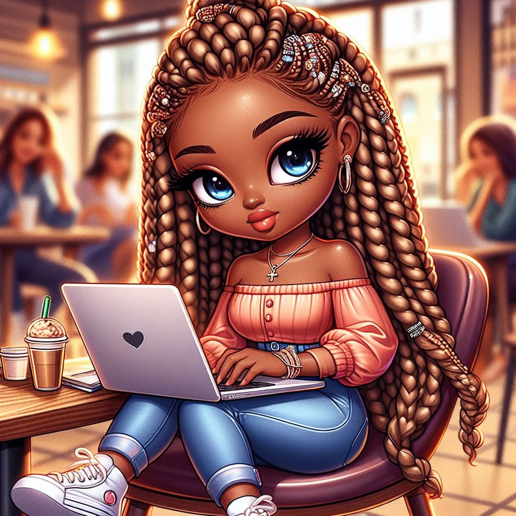 Digital chibi illustration featuring a vibrant African woman typing away with focus and determination