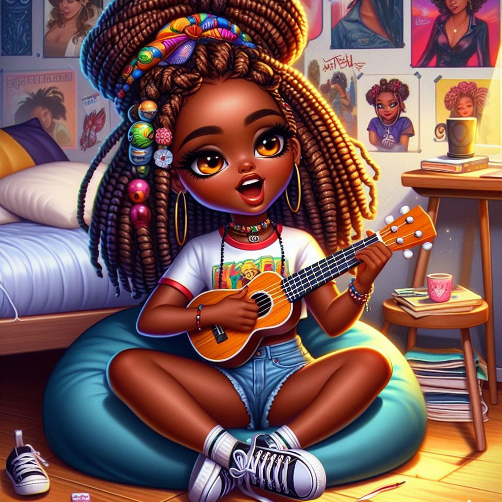 Digital oil painting chibi illustration showcasing a vibrant African woman with caramel skin expressive eyes  and long braided hair