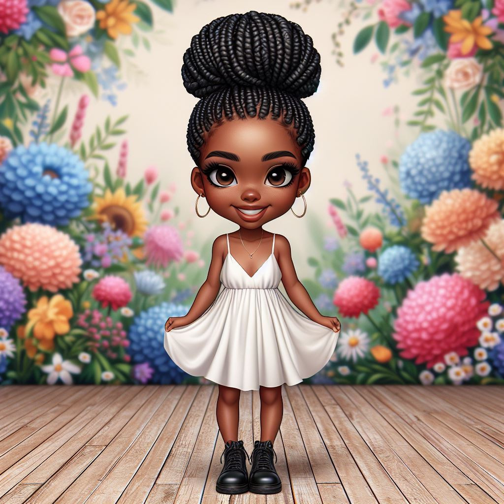 Hyper realistic chibi style oil painting of a beautiful African American woman with a braided mohawk. Standing against a backdrop of colorful flowers,