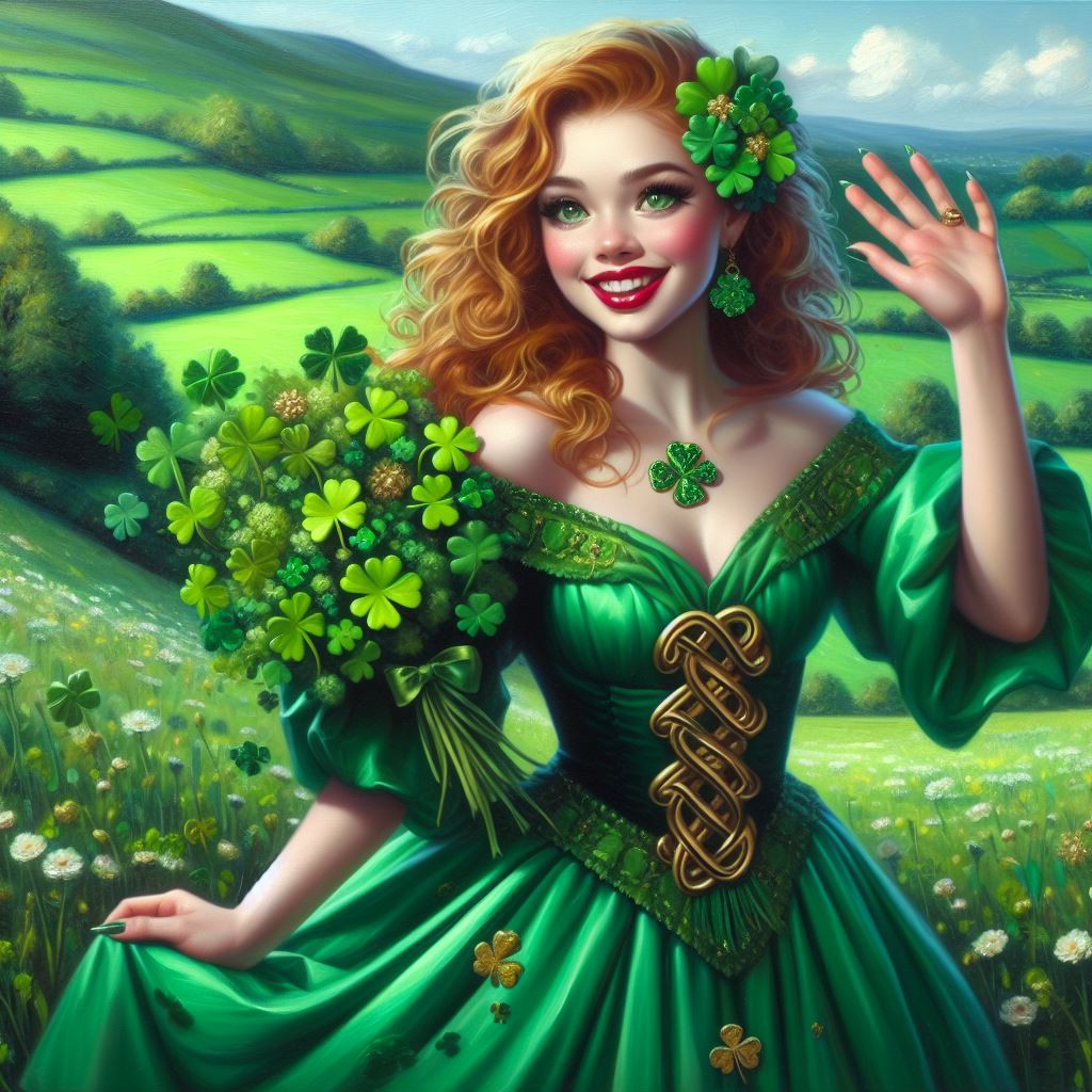 Light-skinned European girl celebrating St. Patrick's Day in a vibrant emerald green dress, adorned with golden Celtic knots.