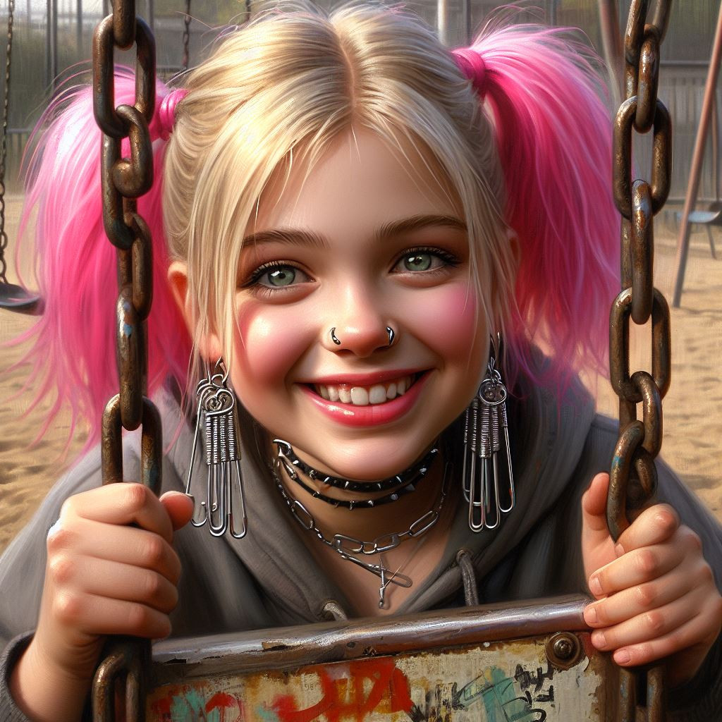 Mischievous blonde girl with pigtails and bright pink highlights Grinning ear to ear