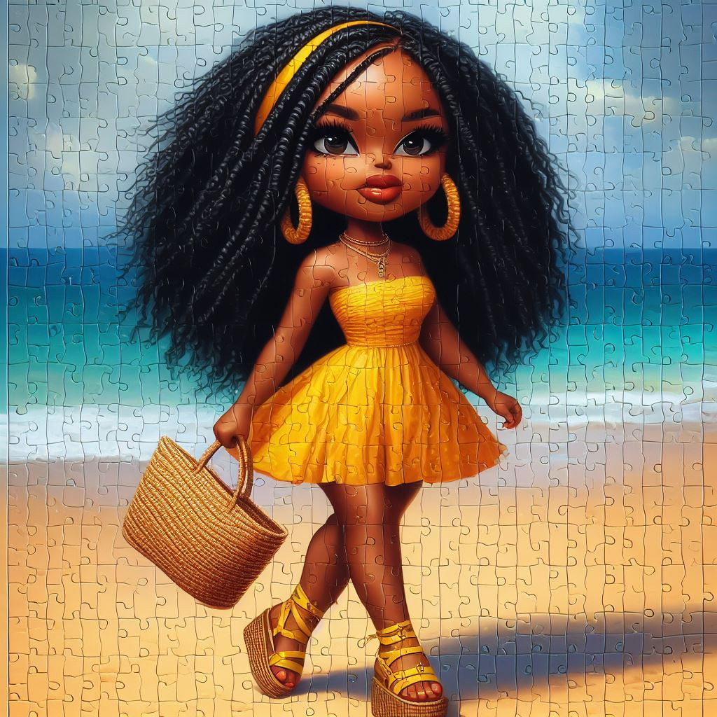 Oil painting puzzle showcasing a vibrant chibi African American woman with long black curly hair styled in braids. She's rocking a stylish yellow sundress