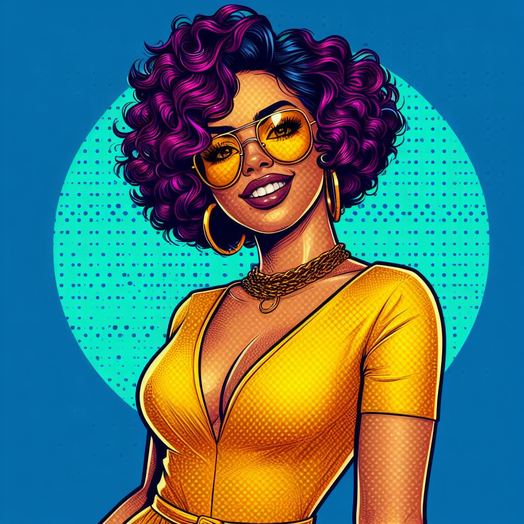 Pop art style featuring a Latina woman with a confident smile and short, curly hair dyed a bold purple.