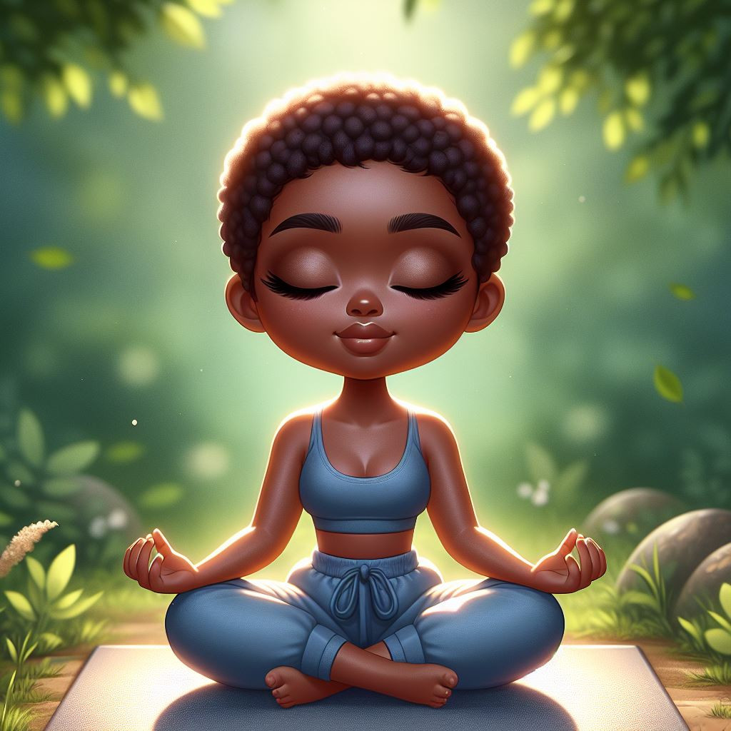 Realistic chibi style oil painting of an African American woman radiating serenity sitting cross-legged on a yoga mat