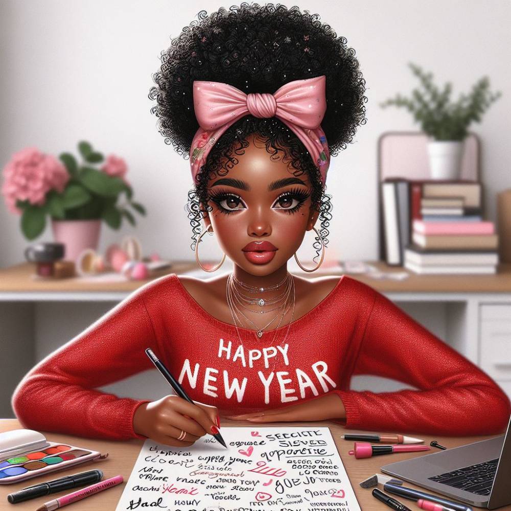 A  Happy new Year realistic image of a beautiful black woman with cute afro in a bun.