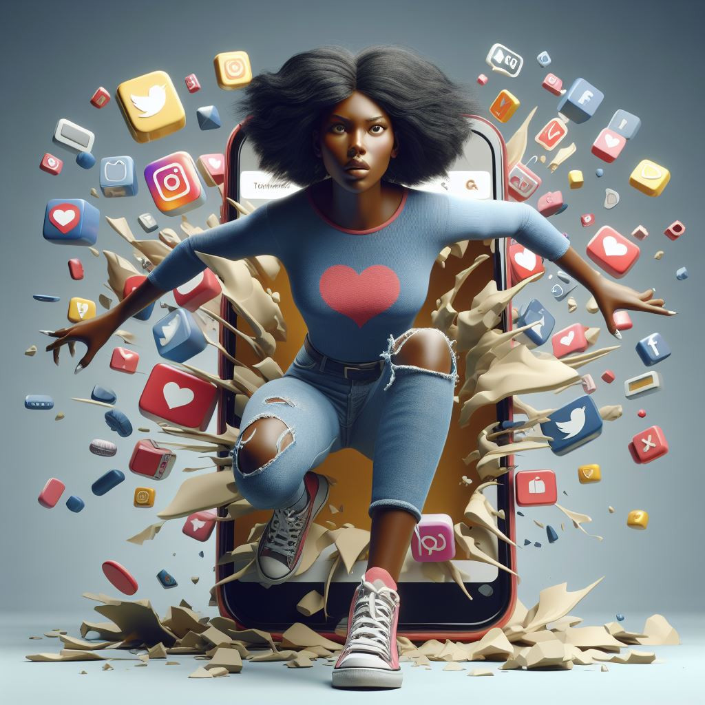 A 3D social media llustration from a wide front-view angle, depicting an African American young woman breaking through her mobile phone