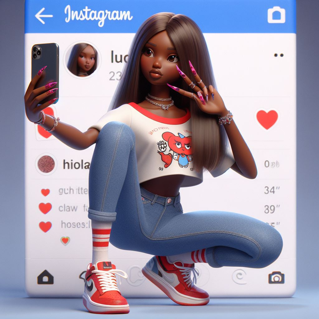 AI illustration of  instagram profile page of a lady  posing against an Instagram profile backdrop.