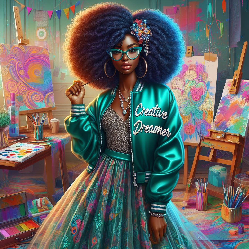 Creative Dreamer - Vibrant Afro-American Girl in Teal-Green Bomber Jacket