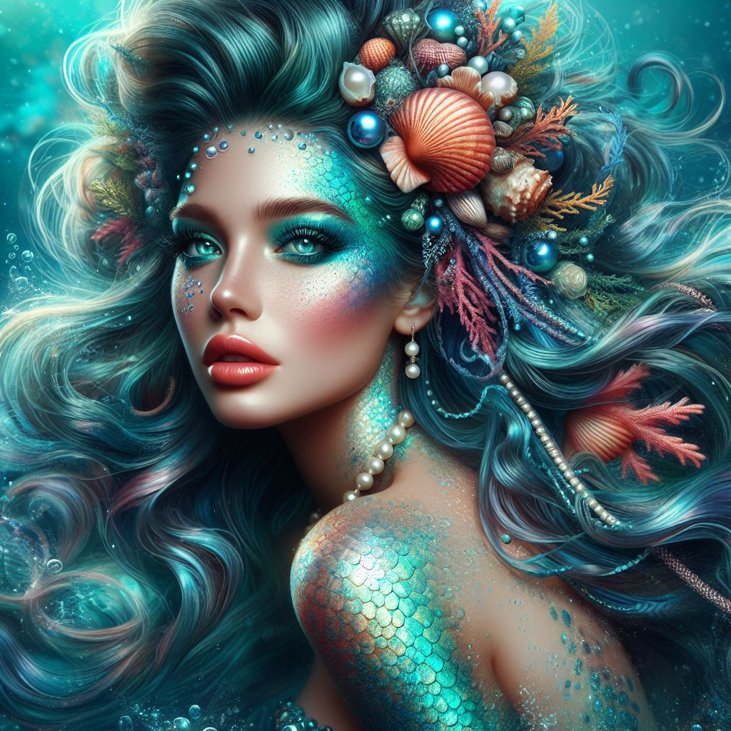 Mermaid Queen skin kissed by sea spray cascading waves of aquamarine hair adorned with pearls and seashells