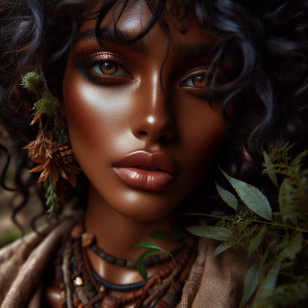 Earthly Enchantress, bronze skin kissed by the sun's embrace, coils of obsidian hair framing a face exuding warmth and serenity, eyes like pools of molten gold reflecting inner strength and resilience, earthy eyeshadow enhancing their depth, lips aglow wi