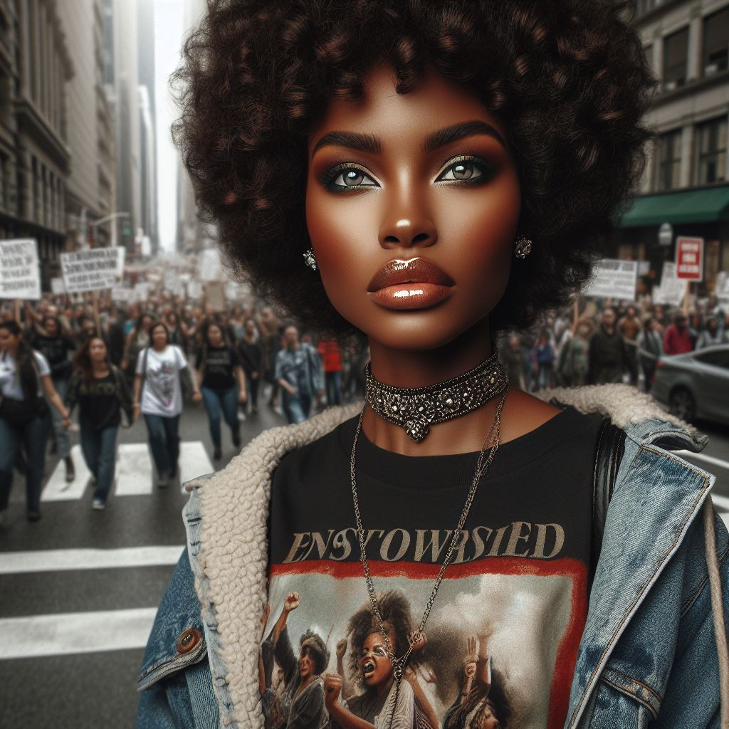 Empowered Activist dressed in a graphic tee with empowering slogans mocha-hued skin radiating strength