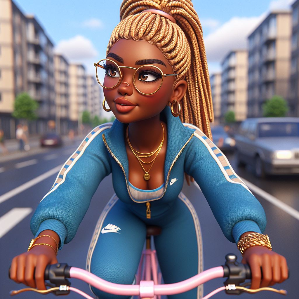 A super-realistic wide shot of an African American woman riding a bicycle down a city street